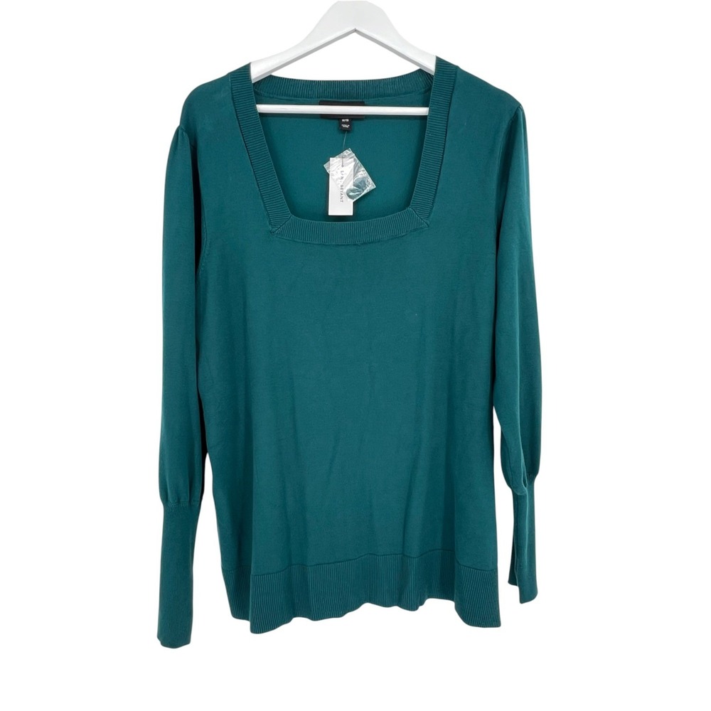 Lane Bryant Sweater Womens 14/16 Dark Teal Square Neck Puff Sleeve Knit Office